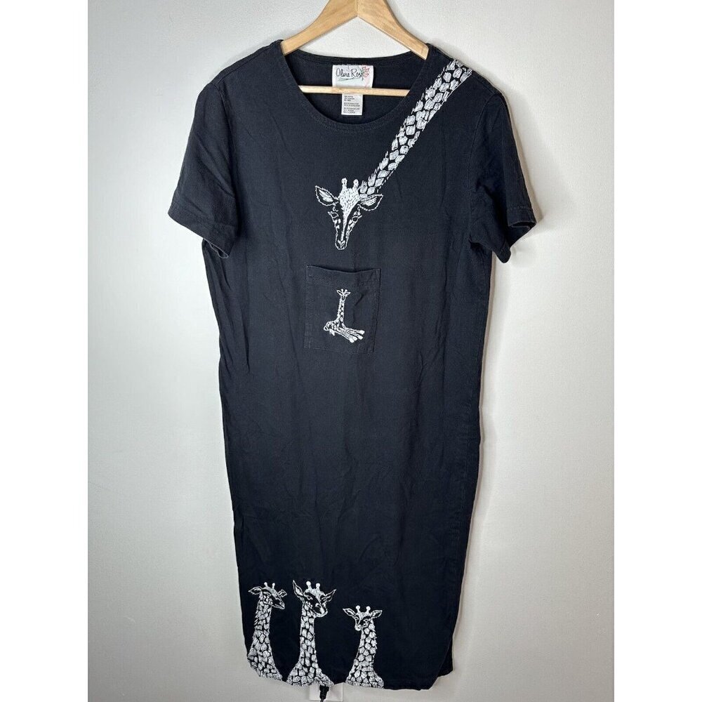 Vintage Olivia Rose 1990s Y2K Black Short Sleeve Giraffe MIDI Shirt Dress Sz 16P